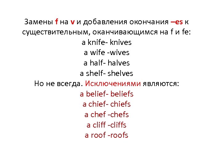 Замены f на v и добавления окончания –es к существительным, оканчивающимся на f и