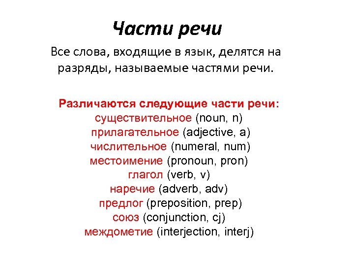 Части речи Все слова, входящие в язык, делятся на разряды, называемые частями речи. Различаются
