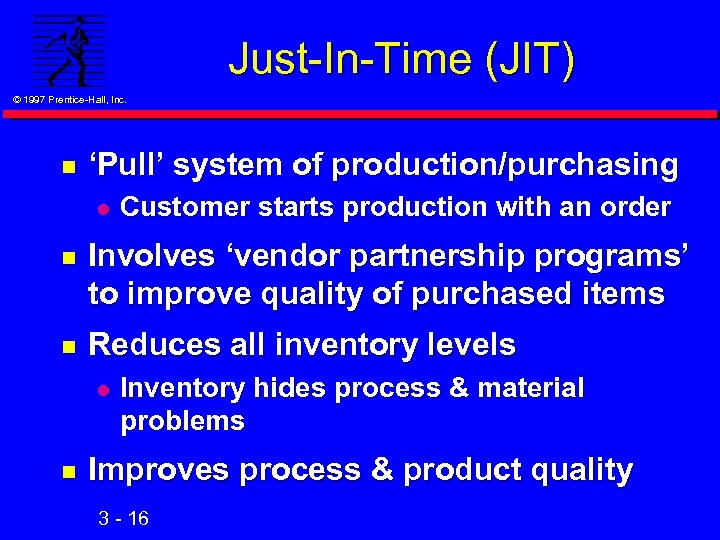 Just-In-Time (JIT) © 1997 Prentice-Hall, Inc. n ‘Pull’ system of production/purchasing l Customer starts