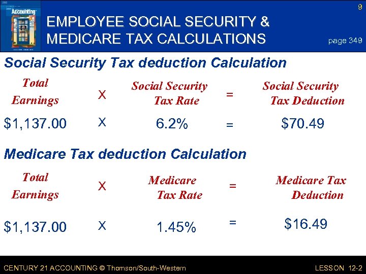 9 EMPLOYEE SOCIAL SECURITY & MEDICARE TAX CALCULATIONS page 349 Social Security Tax deduction