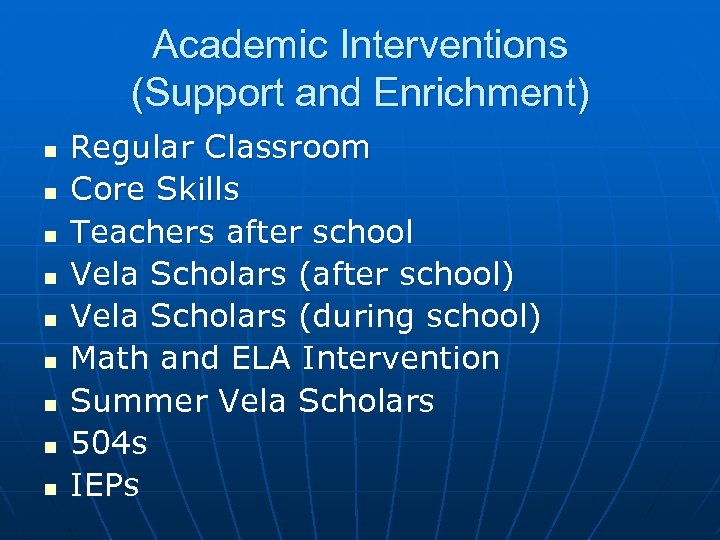Academic Interventions (Support and Enrichment) n n n n n Regular Classroom Core Skills