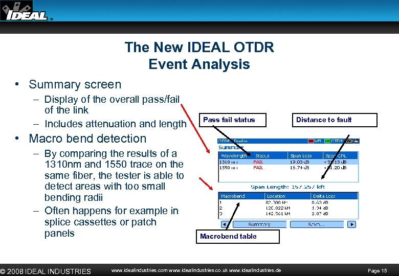 The New IDEAL OTDR Event Analysis • Summary screen – Display of the overall