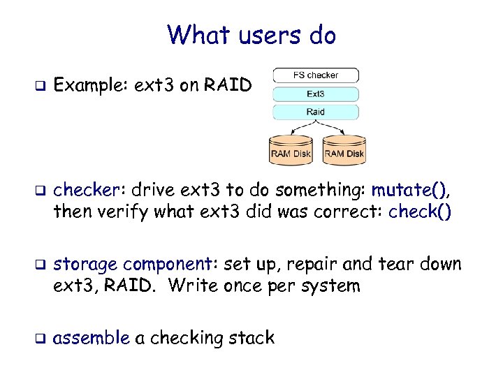 What users do q q Example: ext 3 on RAID checker: drive ext 3