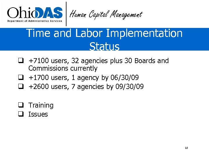 Human Capital Management Time and Labor Implementation Status q +7100 users, 32 agencies plus