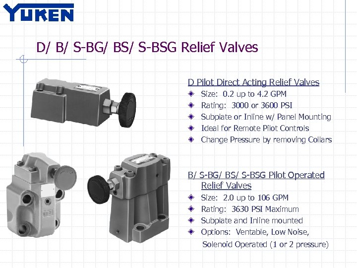 D/ B/ S-BG/ BS/ S-BSG Relief Valves D Pilot Direct Acting Relief Valves Size: