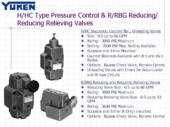 H/HC Type Pressure Control & R/RBG Reducing/ Reducing Relieving Valves H/HC Sequence, Counter Bal.