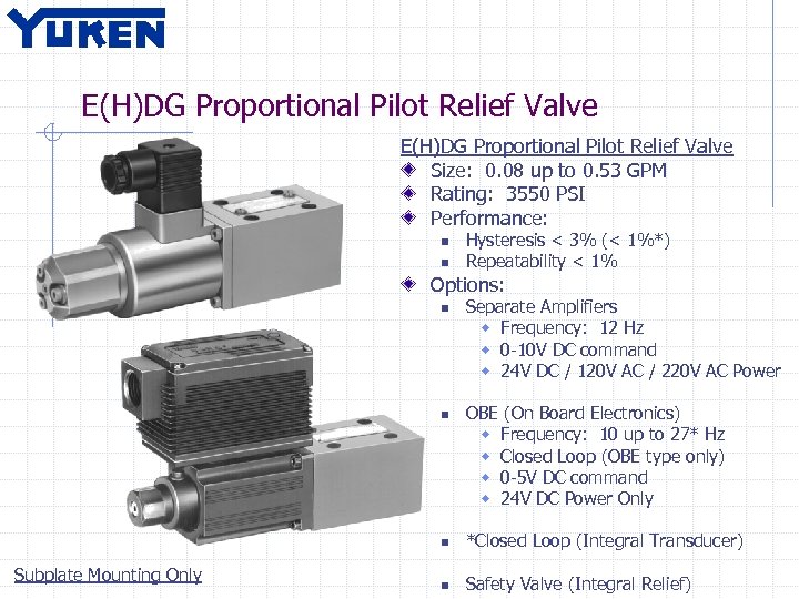 E(H)DG Proportional Pilot Relief Valve Size: 0. 08 up to 0. 53 GPM Rating: