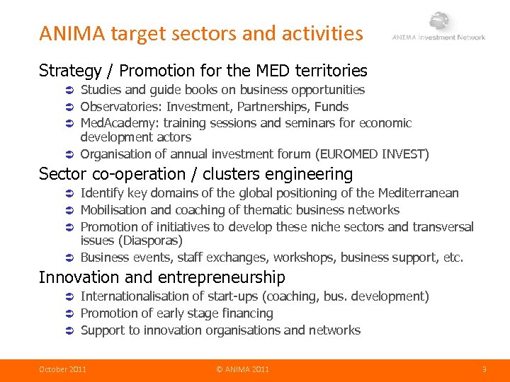 ANIMA target sectors and activities Strategy / Promotion for the MED territories Studies and