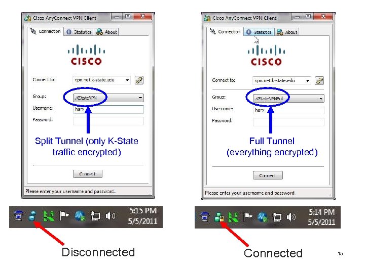 Split Tunnel (only K-State traffic encrypted) Disconnected Full Tunnel (everything encrypted) Connected 15 