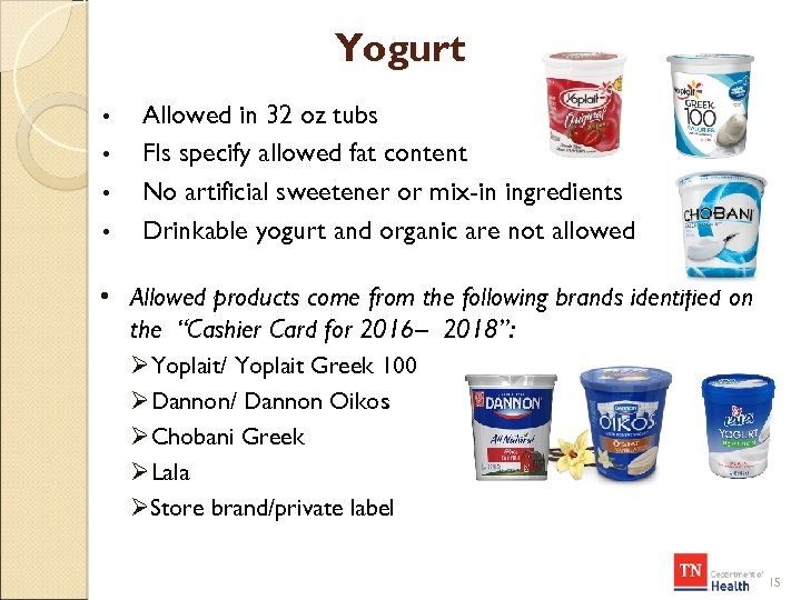 Yogurt • • Allowed in 32 oz tubs FIs specify allowed fat content No