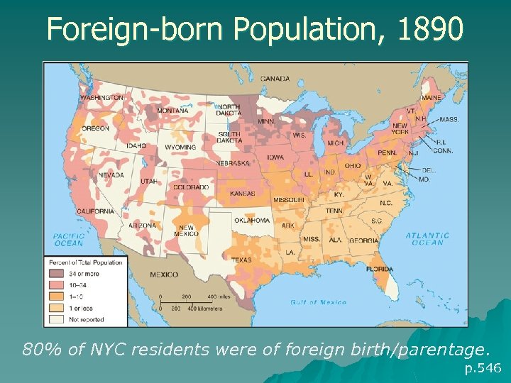 Foreign-born Population, 1890 80% of NYC residents were of foreign birth/parentage. p. 546 