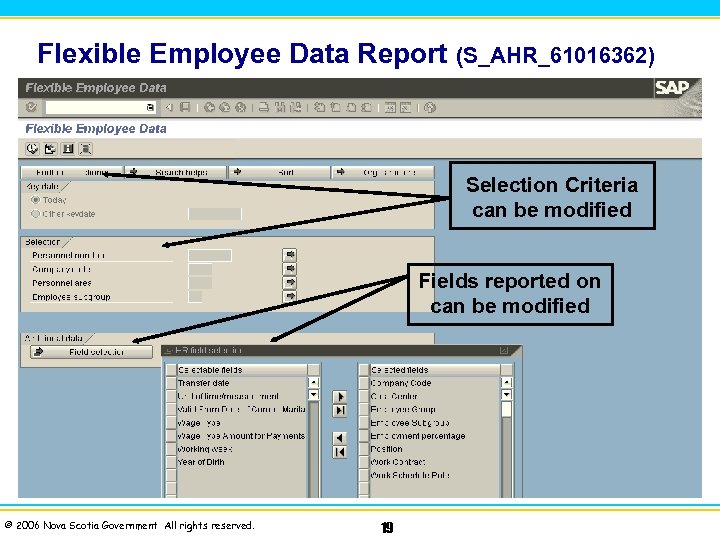 Flexible Employee Data Report (S_AHR_61016362) Selection Criteria can be modified Fields reported on can