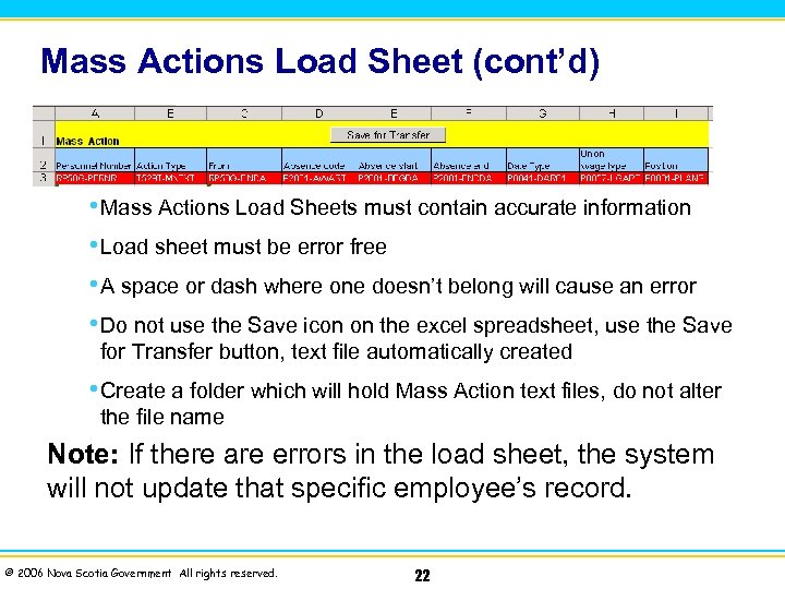 Mass Actions Load Sheet (cont’d) • Mass Actions Load Sheets must contain accurate information