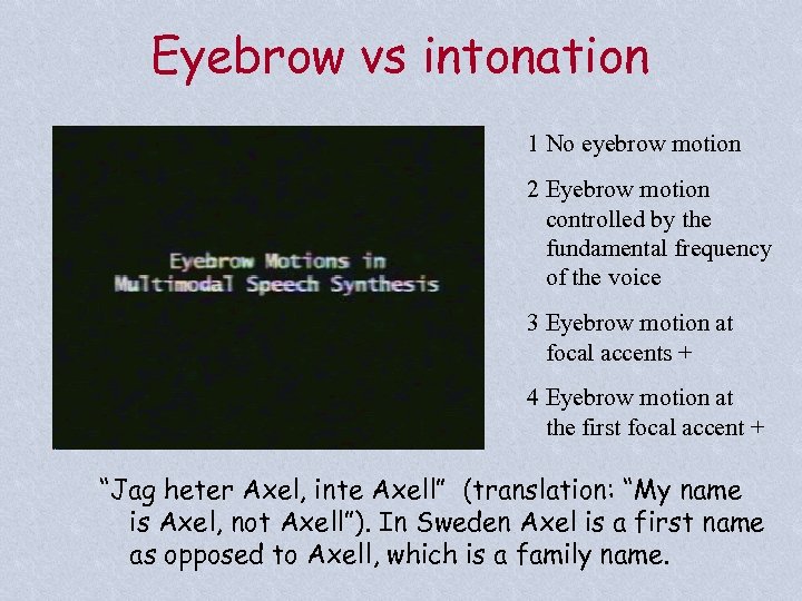Eyebrow vs intonation 1 No eyebrow motion 2 Eyebrow motion controlled by the fundamental