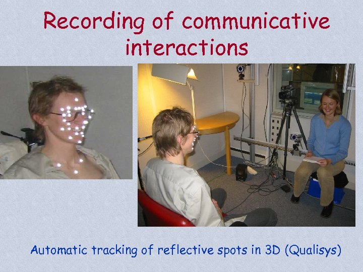 Recording of communicative interactions Automatic tracking of reflective spots in 3 D (Qualisys) 