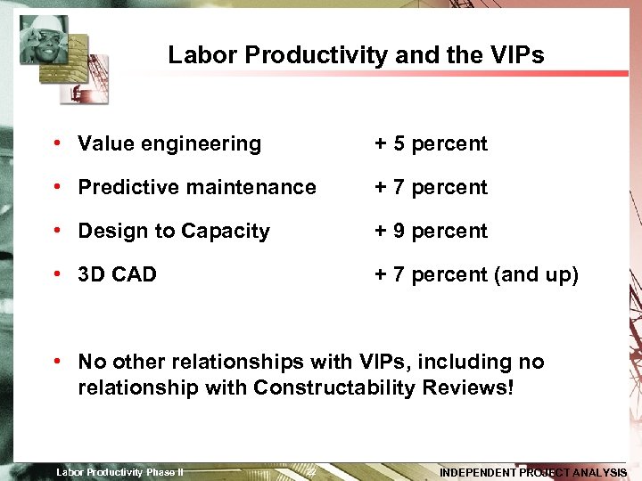 Labor Productivity and the VIPs • Value engineering + 5 percent • Predictive maintenance
