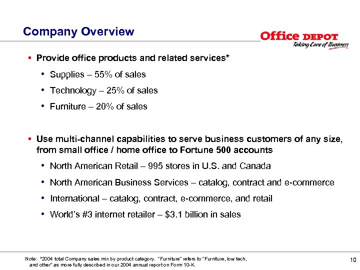 Company Overview § Provide office products and related services* • Supplies – 55% of