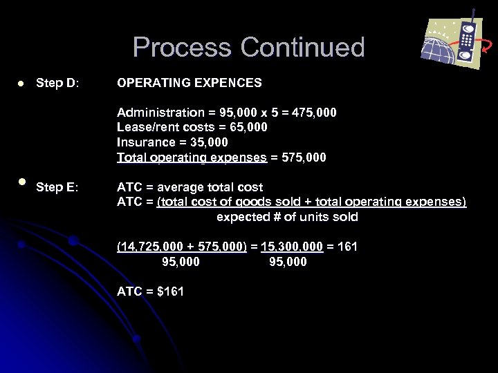 Process Continued l Step D: OPERATING EXPENCES Administration = 95, 000 x 5 =