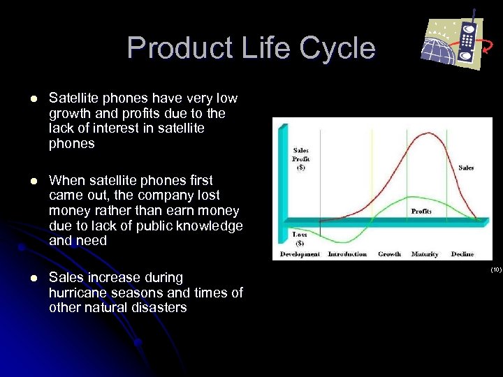 Product Life Cycle l Satellite phones have very low growth and profits due to