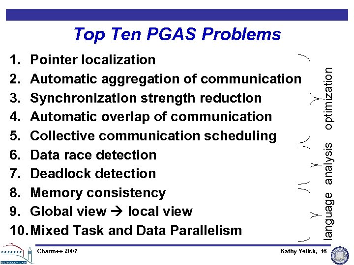 Charm++ 2007 language analysis 1. Pointer localization 2. Automatic aggregation of communication 3. Synchronization