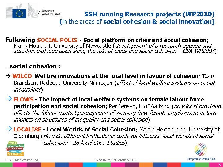 SSH running Research projects (WP 2010) (in the areas of social cohesion & social