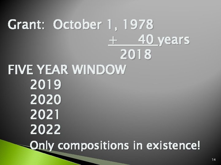 Grant: October 1, 1978 + 40 years 2018 FIVE YEAR WINDOW 2019 2020 2021