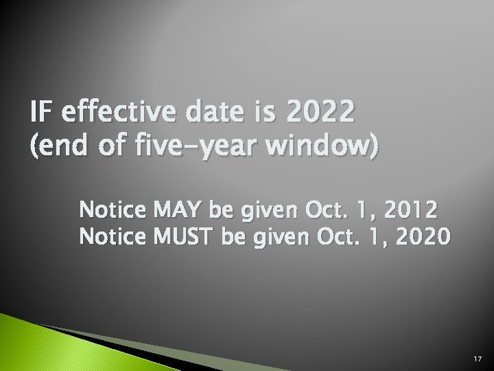 IF effective date is 2022 (end of five-year window) Notice MAY be given Oct.