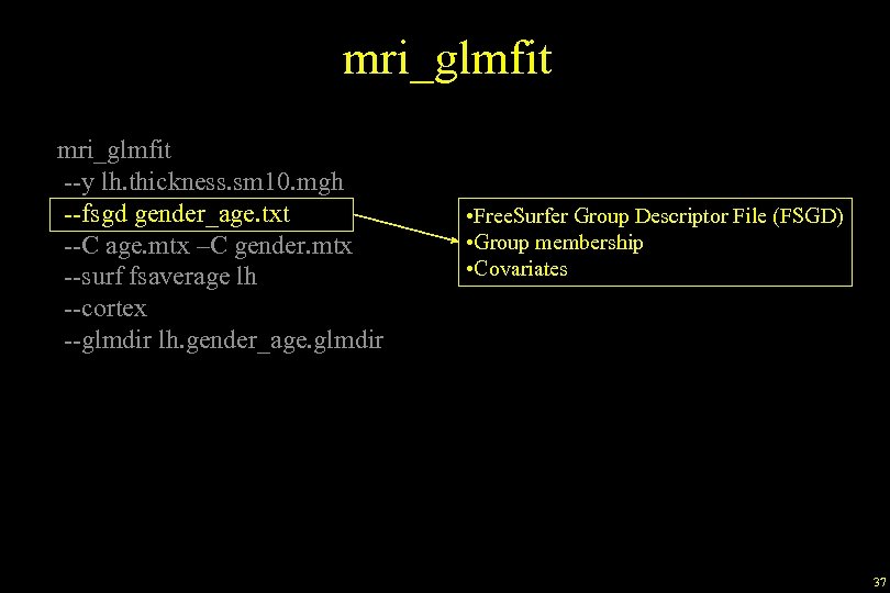 mri_glmfit --y lh. thickness. sm 10. mgh --fsgd gender_age. txt --C age. mtx –C