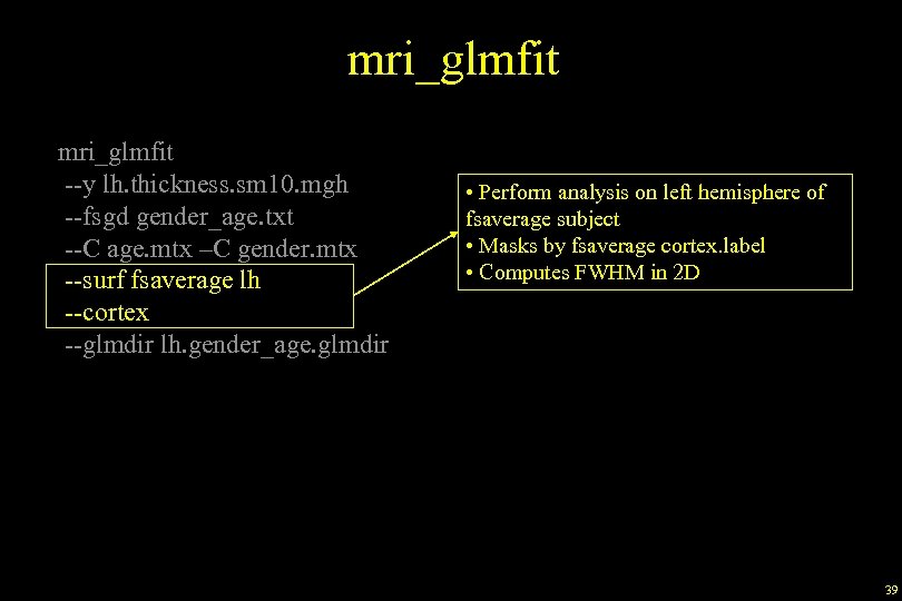 mri_glmfit --y lh. thickness. sm 10. mgh --fsgd gender_age. txt --C age. mtx –C