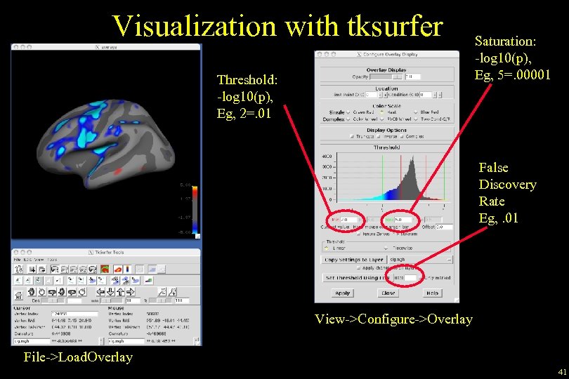 Visualization with tksurfer Threshold: -log 10(p), Eg, 2=. 01 Saturation: -log 10(p), Eg, 5=.