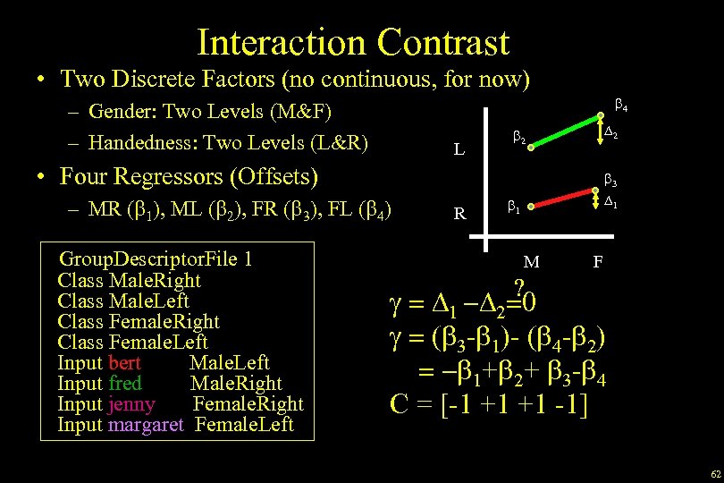 Interaction Contrast • Two Discrete Factors (no continuous, for now) b 4 – Gender: