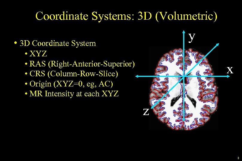 Coordinate Systems: 3 D (Volumetric) y • 3 D Coordinate System • XYZ •