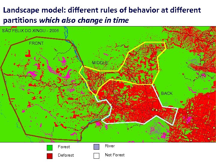 Landscape model: different rules of behavior at different partitions which also change in time