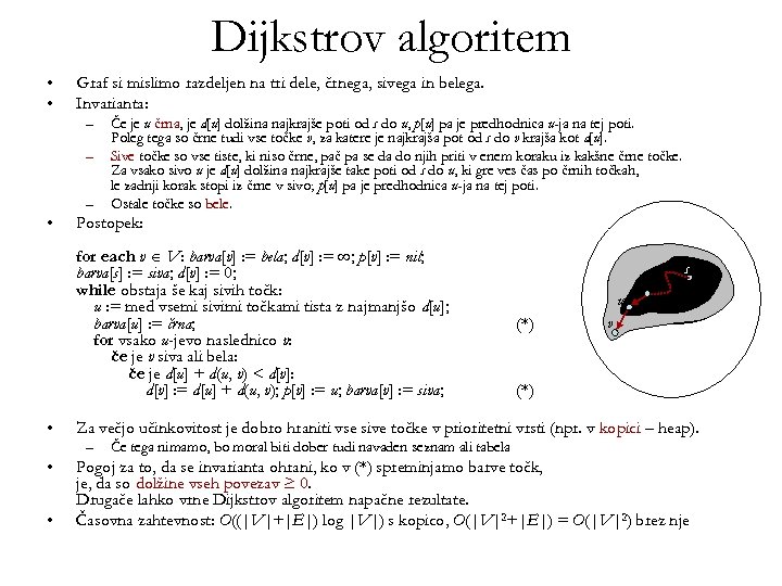 Dijkstrov algoritem • • Graf si mislimo razdeljen na tri dele, črnega, sivega in