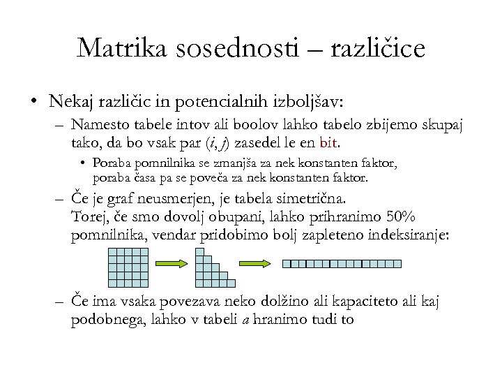 Matrika sosednosti – različice • Nekaj različic in potencialnih izboljšav: – Namesto tabele intov