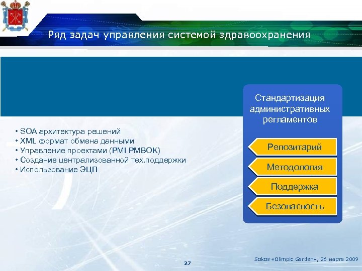 Ряд задач управления системой здравоохранения Стандартизация административных регламентов • SOA архитектура решений • XML