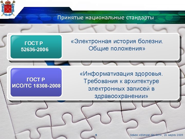 Принятые национальные стандарты ГОСТ Р 52636 -2006 ГОСТ Р ИСО/TС 18308 -2008 «Электронная история