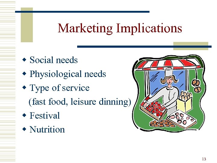 Marketing Implications w Social needs w Physiological needs w Type of service (fast food,