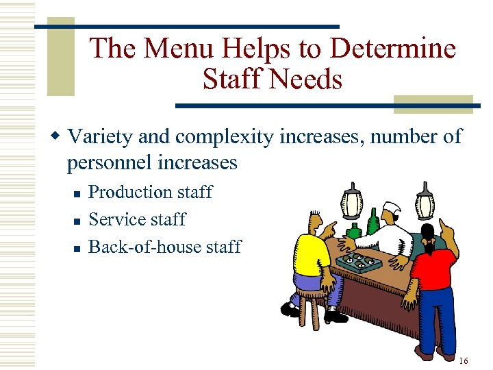 The Menu Helps to Determine Staff Needs w Variety and complexity increases, number of