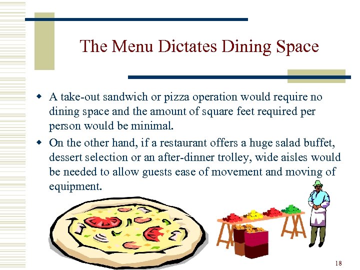 The Menu Dictates Dining Space w A take-out sandwich or pizza operation would require