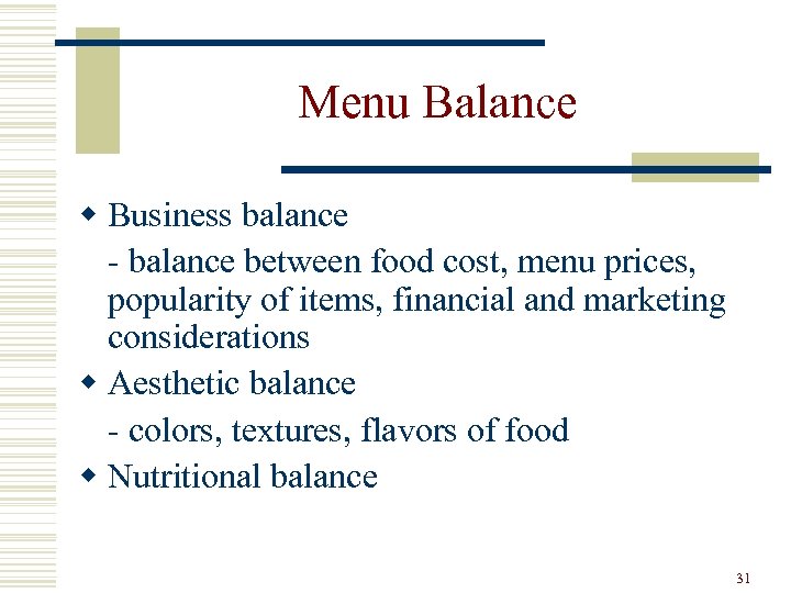Menu Balance w Business balance - balance between food cost, menu prices, popularity of