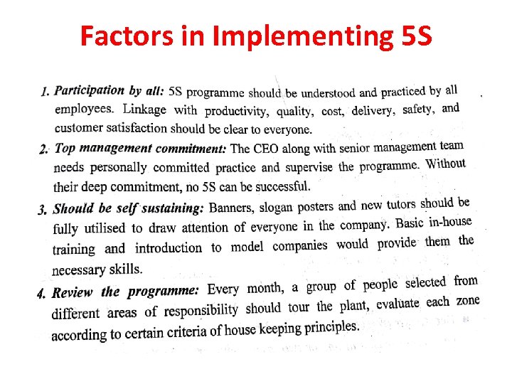 Factors in Implementing 5 S 