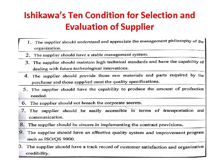 Ishikawa’s Ten Condition for Selection and Evaluation of Supplier 