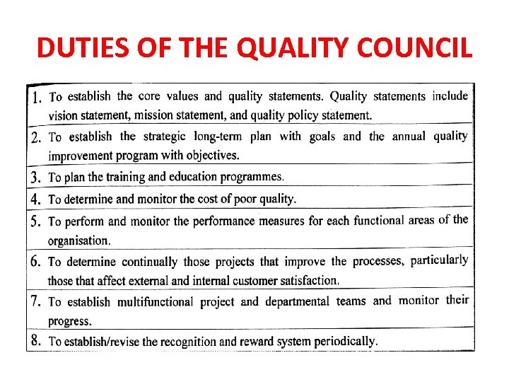 DUTIES OF THE QUALITY COUNCIL 