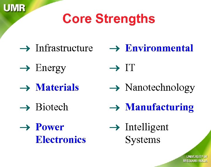 Core Strengths ® Infrastructure ® Environmental ® Energy ® IT ® Materials ® Nanotechnology