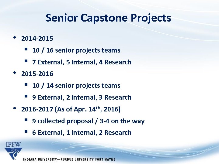 Senior Capstone Projects • 2014 -2015 § § • 7 External, 5 Internal, 4