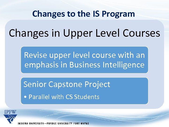 Changes to the IS Program Changes in Upper Level Courses Revise upper level course
