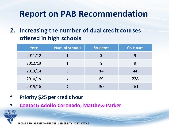 Report on PAB Recommendation 2. Increasing the number of dual credit courses offered in