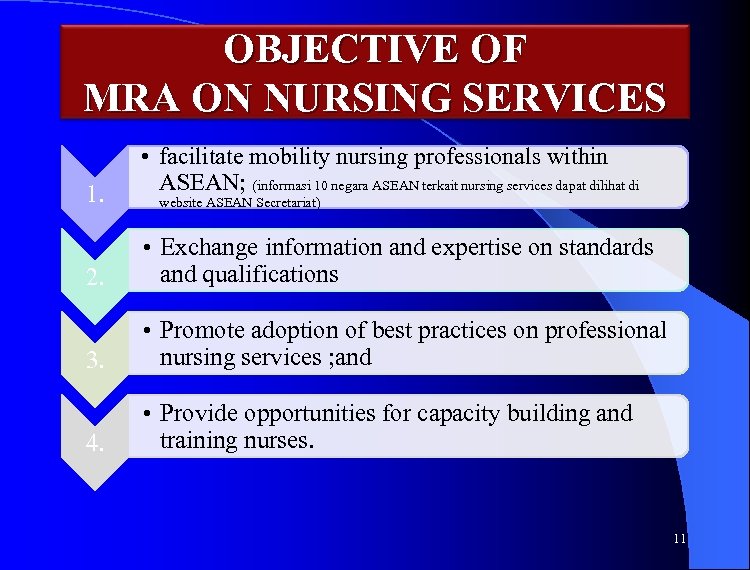 OBJECTIVE OF MRA ON NURSING SERVICES 1. • facilitate mobility nursing professionals within ASEAN;