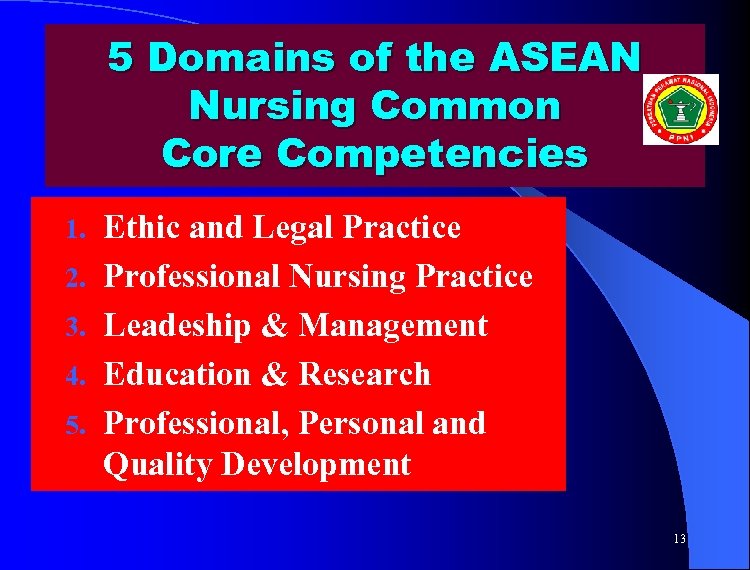 5 Domains of the ASEAN Nursing Common Core Competencies 1. 2. 3. 4. 5.